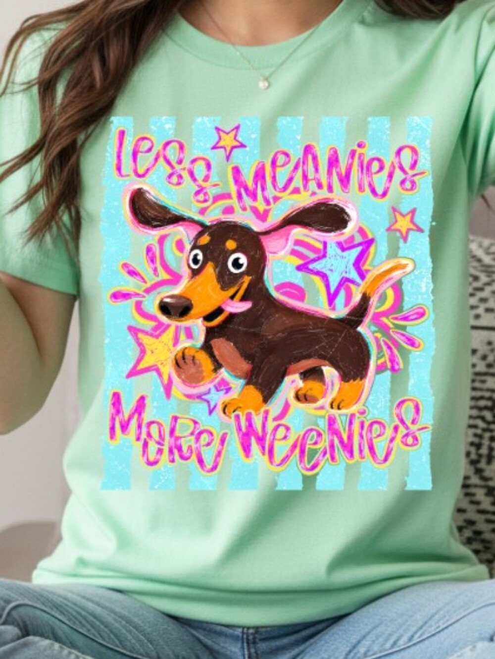 Gildan Mint Green Dachshund Graphic Tee with Bright Accents